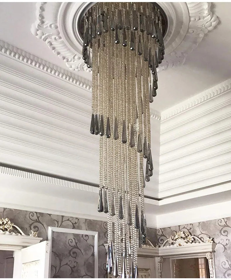 Smoky Gray Crystal Chandelier: Modern Luxury Lighting for Stairway, Corridors, and Villas