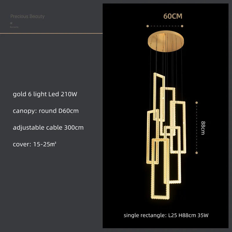 Modern Crystal LED Pendant Lights Steel Rectangle Hanging Lamp