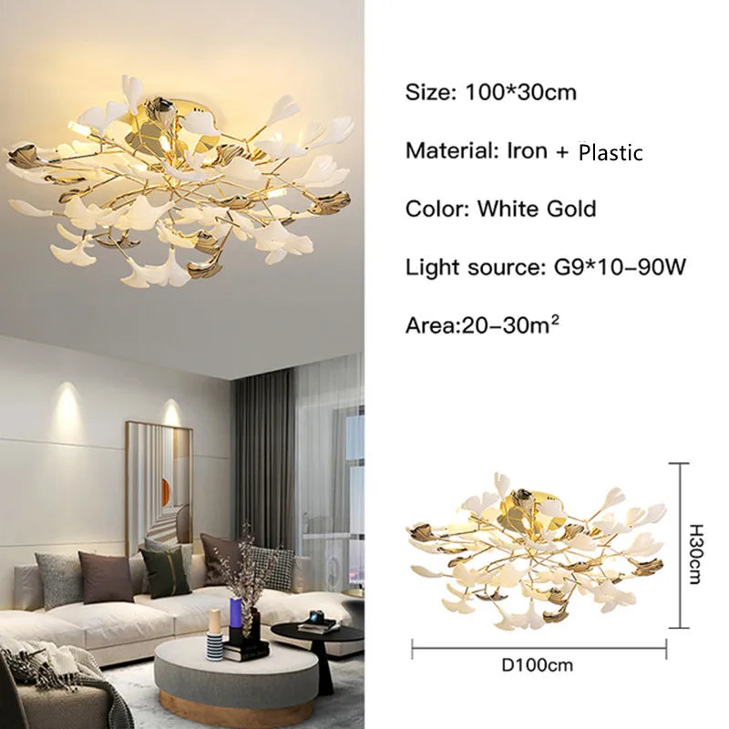 Gold Branches Chandelier with Porcelain Leaves Pendant Light - Luxury Living room Decor