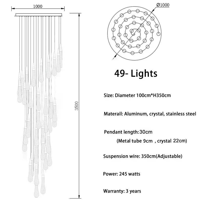 Gold Drop Design LED Crystal Chandelier for Staircase & Lobby