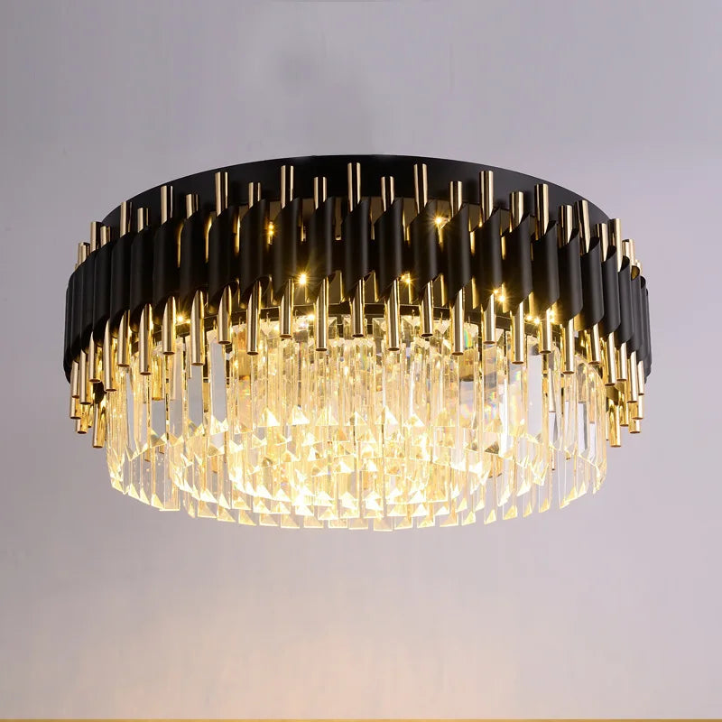 Gold Black Crystal Ceiling Chandelier - Round LED Pendant for Living Room Lighting