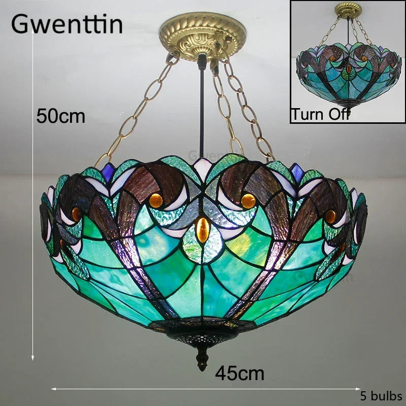 Mediterranean Tiffany Stained Glass Pendant Light Vintage Hanging Lamp Art Decor