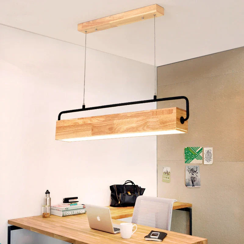 Nordic Wood LED Pendant Light with Metal Rod for Dining Room & Cafe