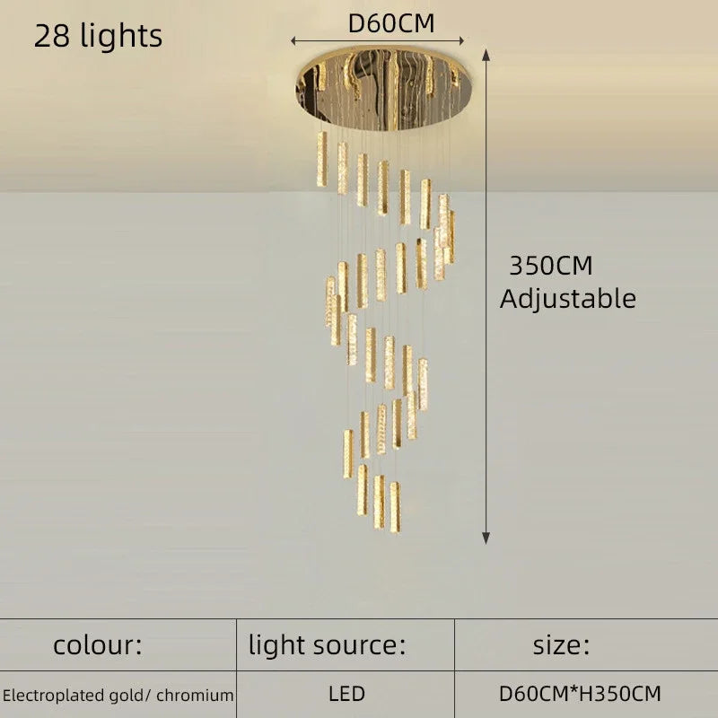 Luxury Crystal LED Chandelier for Modern Living Room and Spiral Staircase