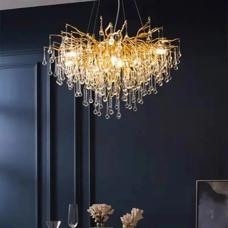 Water Drop Crystal Golden Chandelier for Living Room and Hotel Hall