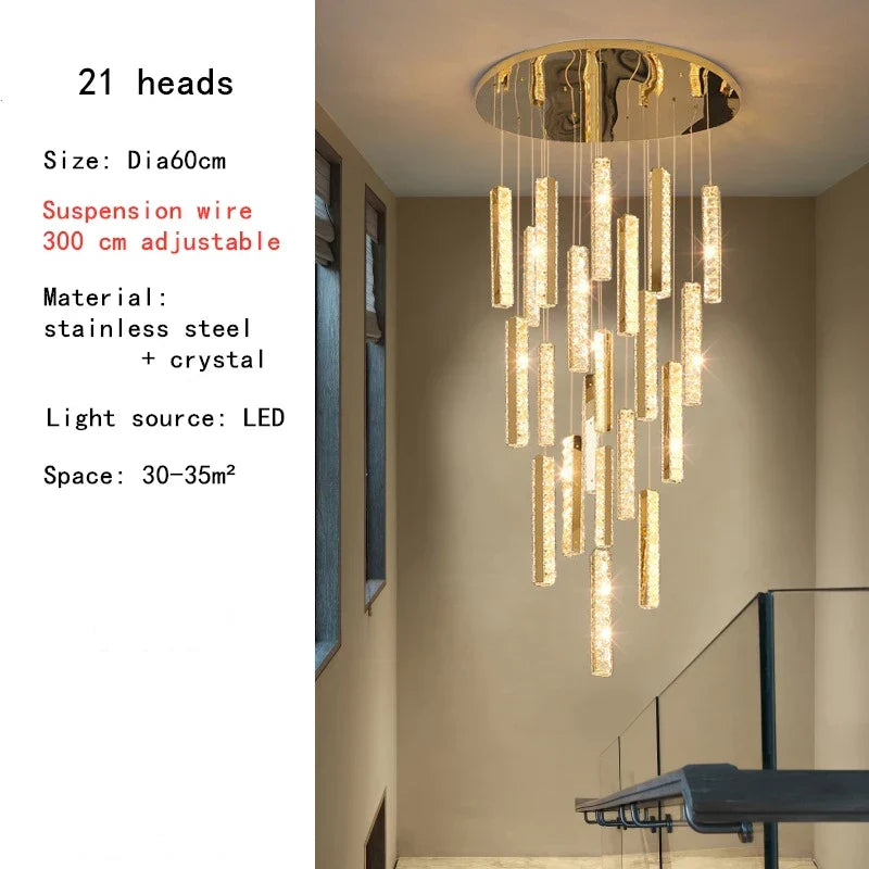 Luxury LED Crystal Spiral Staircase Chandelier for Duplex Villa & Restaurant
