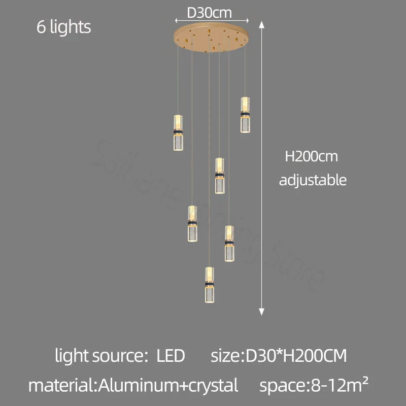 Crystal Columnar Chandelier Stair Light for Home, Restaurant, Bar, and Villa