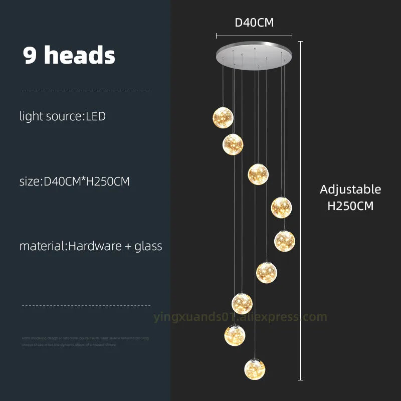 Glass Ball Spiral Chandelier for Modern Staircase & Dining Table LED Ceiling Light