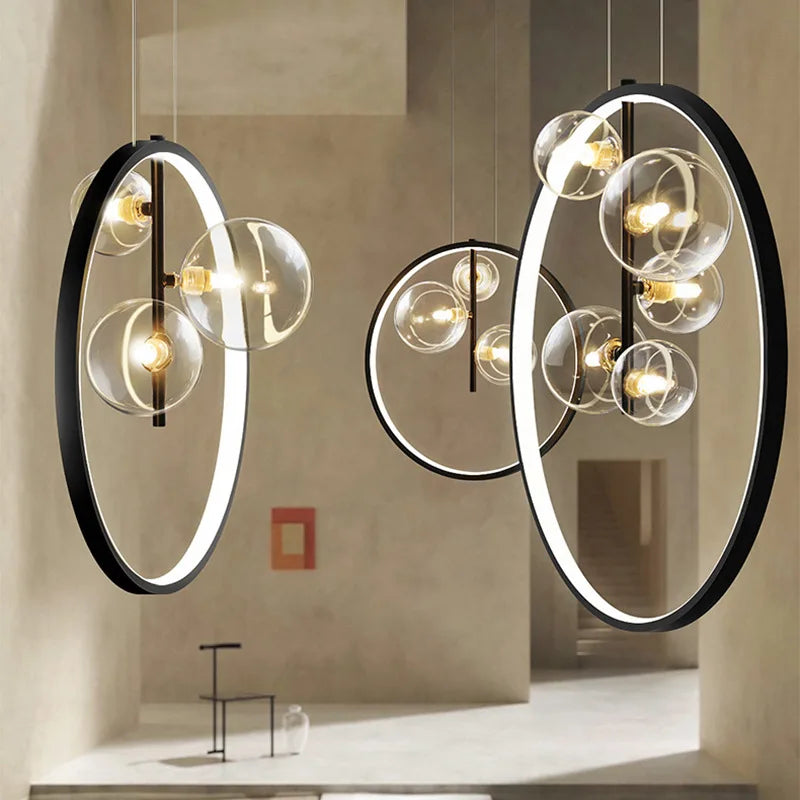 Metal Ring Glass Pendant Light for Dining Room Bedroom Interior