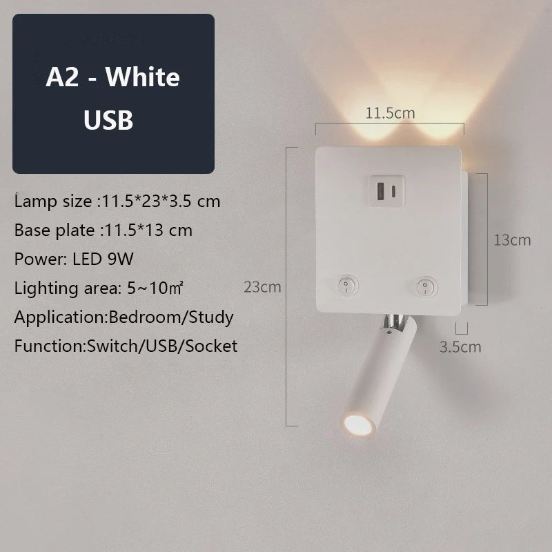 Rotatable LED Wall Sconce Lamp with USB Port & Socket for Bedrooms, Restaurants - White/Black