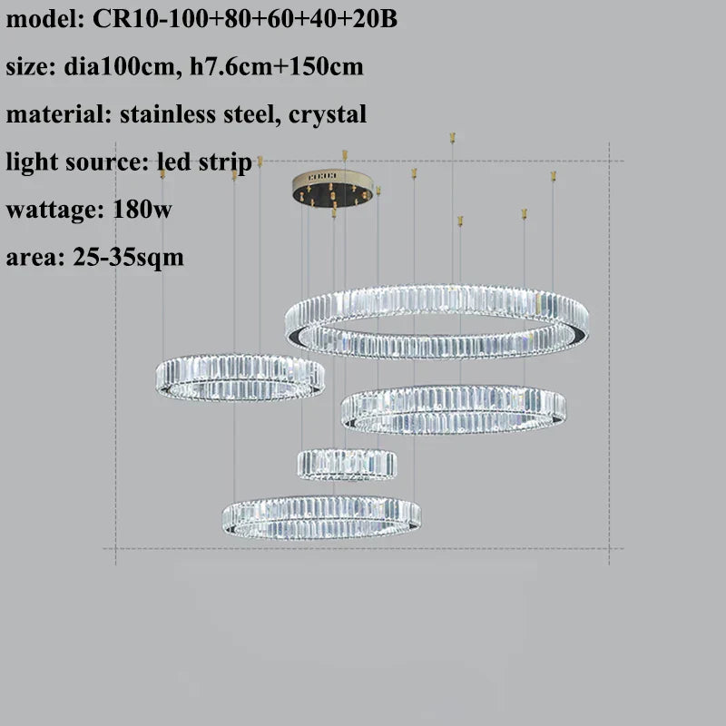 Luxury Steel Crystal Chandelier Dimmable LED Pendant Lights with Remote Control