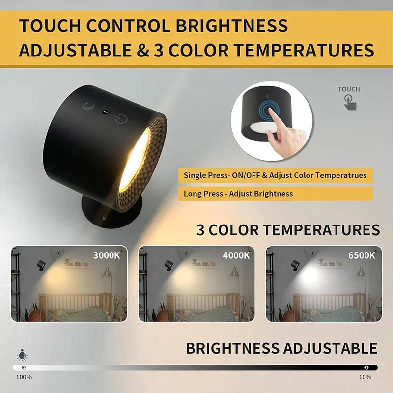 Double Head LED Wall Lamp Touch Control Remote, 360° Rotation, USB Rechargeable