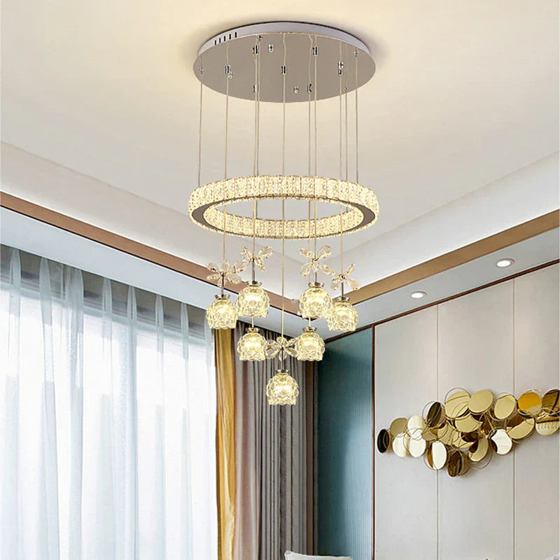 Crystal Petal Ceiling Chandelier: Modern Round Chrome Hanging Light for Home Decor