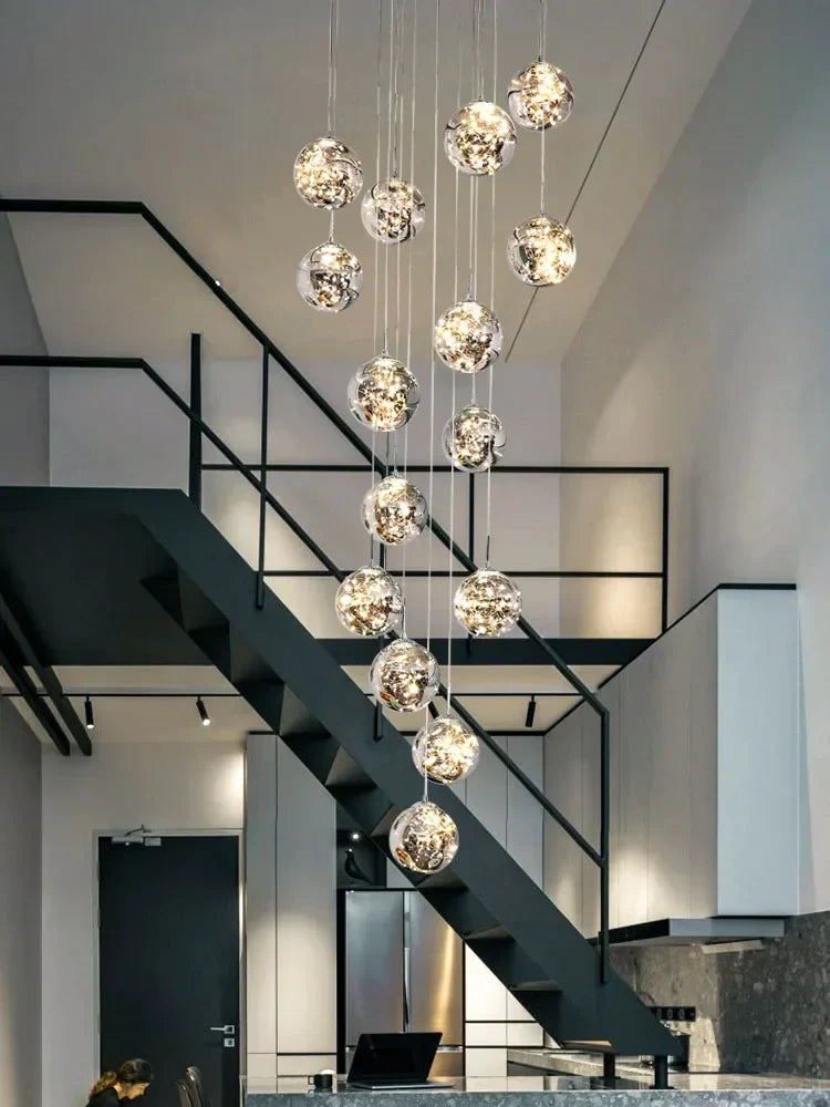 Gold LED Glass Chandelier: Minimalist Round Ball Staircase Lighting Fixtures