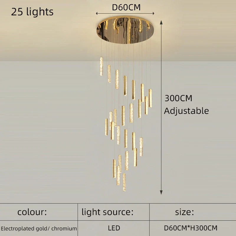 Luxury Crystal LED Chandelier for Modern Living Room and Spiral Staircase