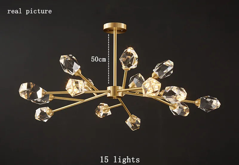 Modern Crystal Chandelier LED Light Fixture Molecular Design Copper Hanging Lamp