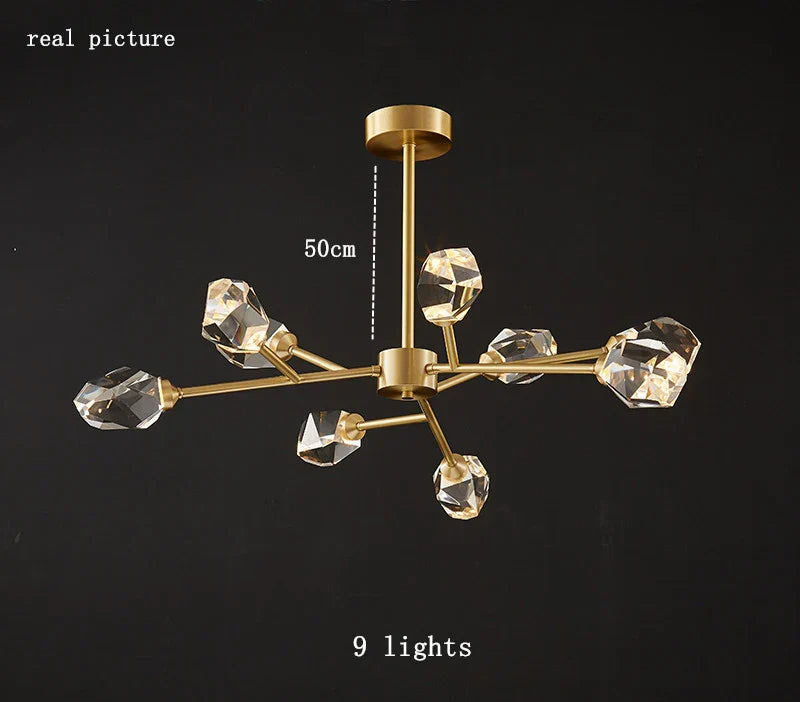 Modern Crystal Chandelier LED Light Fixture Molecular Design Copper Hanging Lamp