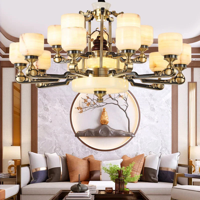 Luxe  Multi-storey Jade Chandelier for Elegant Chinese Villa Duplex Living Rooms