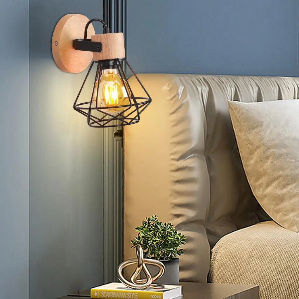 Vintage Iron Wood Wall Sconce Cage Guard Lighting Fixture for Indoor Walls