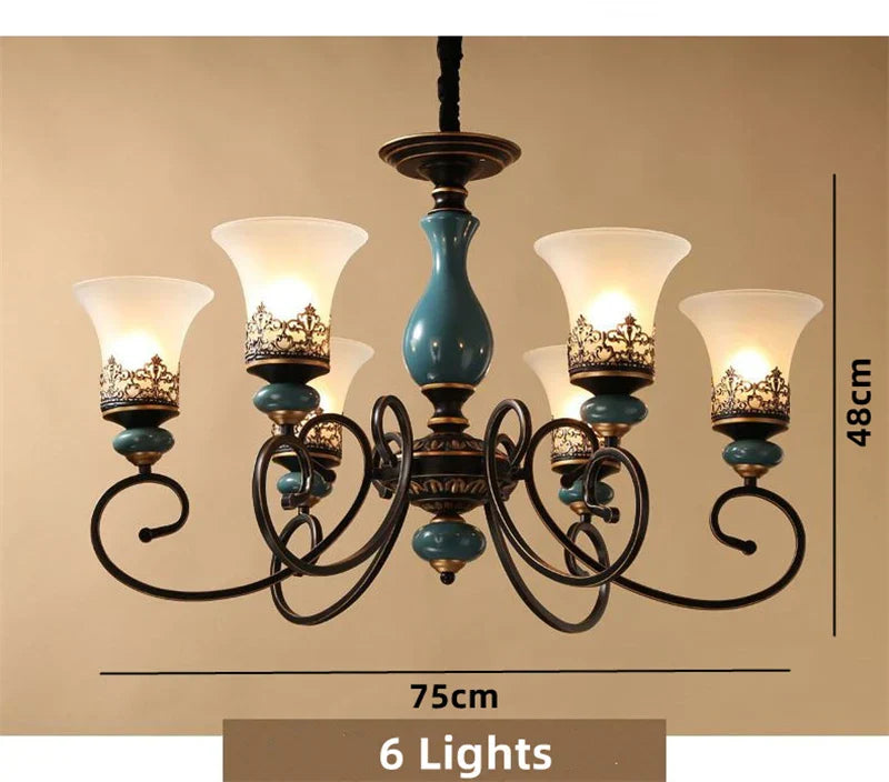 Vintage Ceramic Chandelier: European Classic Design, Glass Lampshade, Metal Arm Light