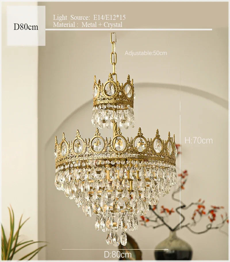 Crown Crystal Chandelier - Golden Vintage LED Pendant for Elegant Indoor Lighting