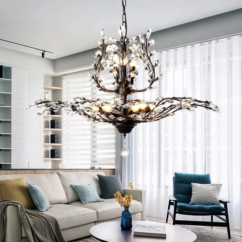 Industrial Crystal Chandelier: Vintage Farmhouse Ceiling Light for Living Room, Dining Room