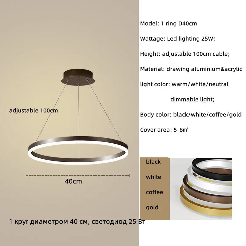 Modern LED Dimmable Chandelier Suspend Lighting, Aluminium Circle Ring Pendant Lights