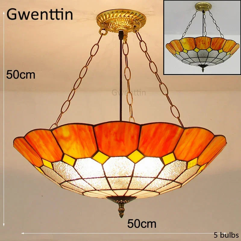 Mediterranean Tiffany Stained Glass Pendant Light Vintage Hanging Lamp Art Decor