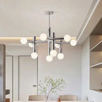 Tubular Chrome Chandelier with White Glass Shades - Modern Mid-Century Lighting