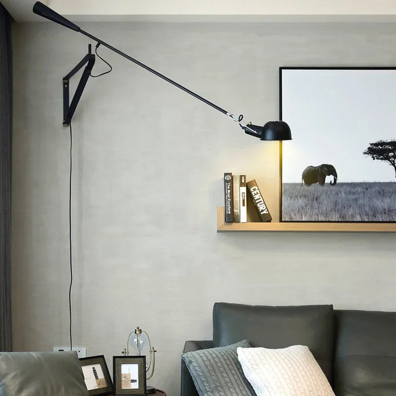 Dimmable LED Wall Lamp, Rotating Long Pole, Swinging Black and White Industrial Design