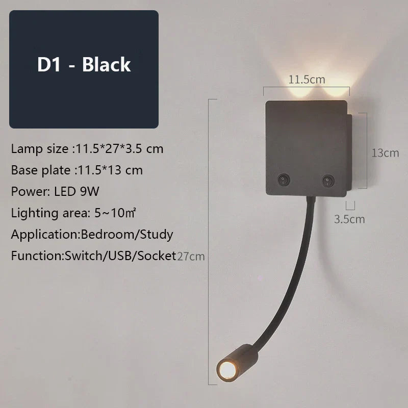 Rotatable LED Wall Sconce Lamp with USB Port & Socket for Bedrooms, Restaurants - White/Black