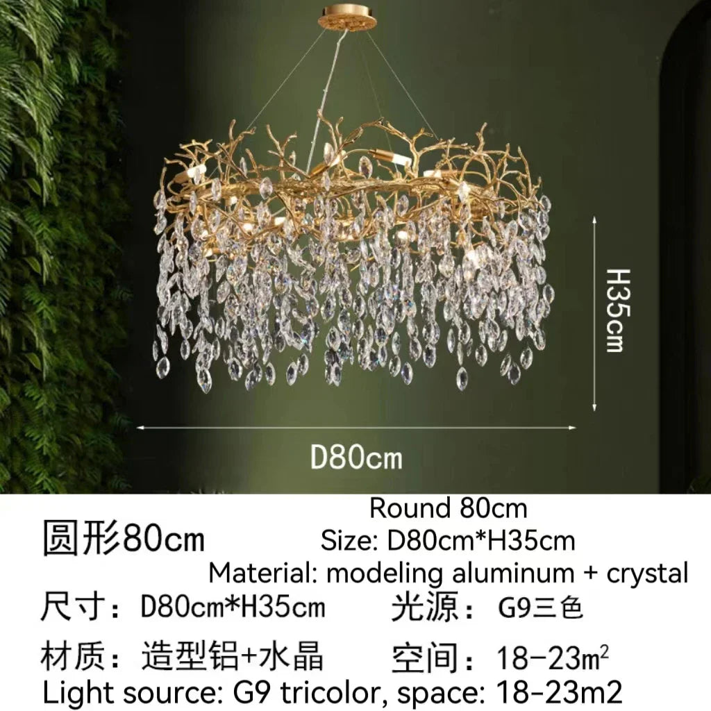 Golden Crystal Tree Chandelier, Luxury Matte Aluminum Art Ceiling Light for Living Room