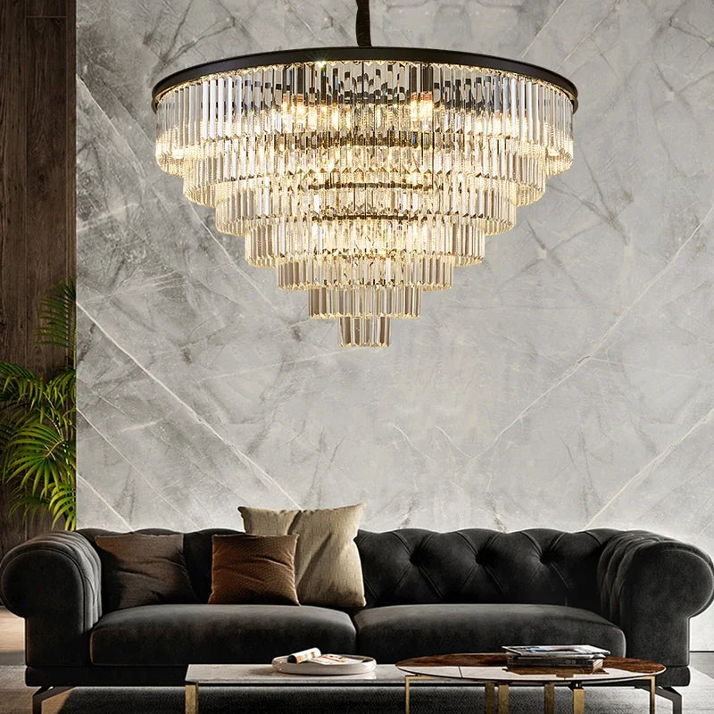 Black Gold Crystal Ceiling Chandelier: Modern LED Pendant Light for Luxe Living Spaces