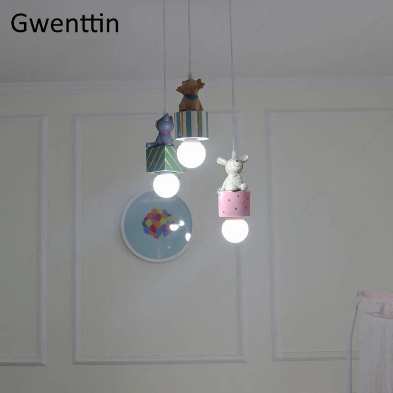 Kids Animal Pendant Lamp: Rabbit Lion Cat LED Ceiling Light Fixture