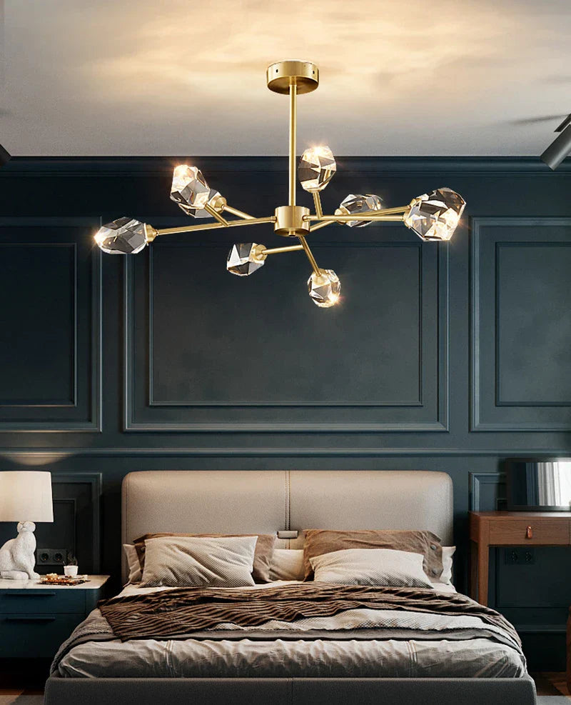 Modern Crystal Chandelier LED Light Fixture Molecular Design Copper Hanging Lamp