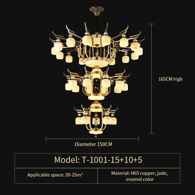 All Copper Jade Chandelier for Villa Living Room, Dining Room - Chinese Style Duplex Copper Lamp