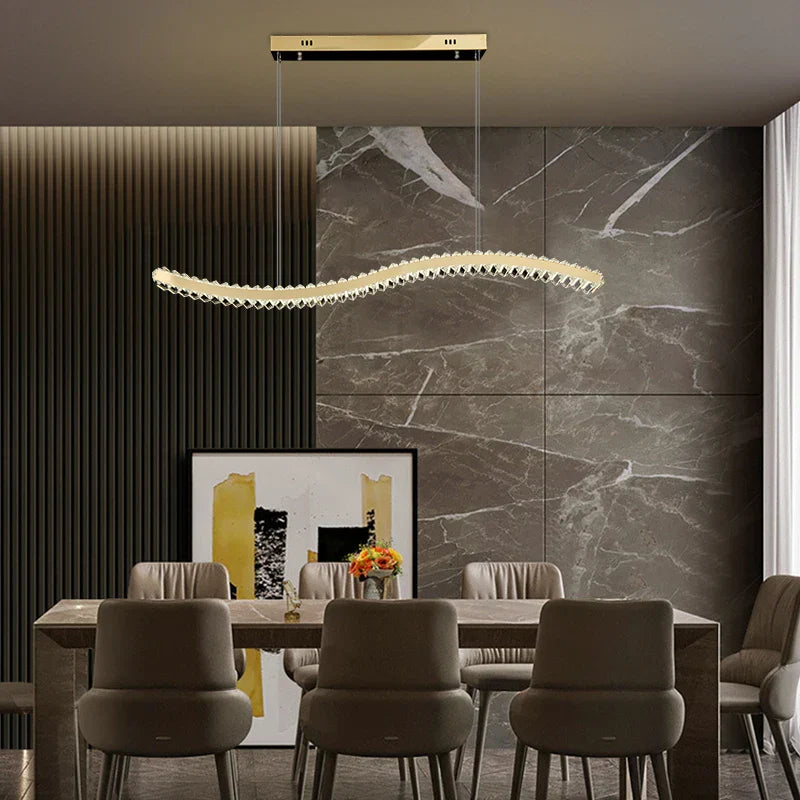 Modern Crystal Chandelier: Stainless Steel Long Strip Hanging Lamp for Kitchen and Dining