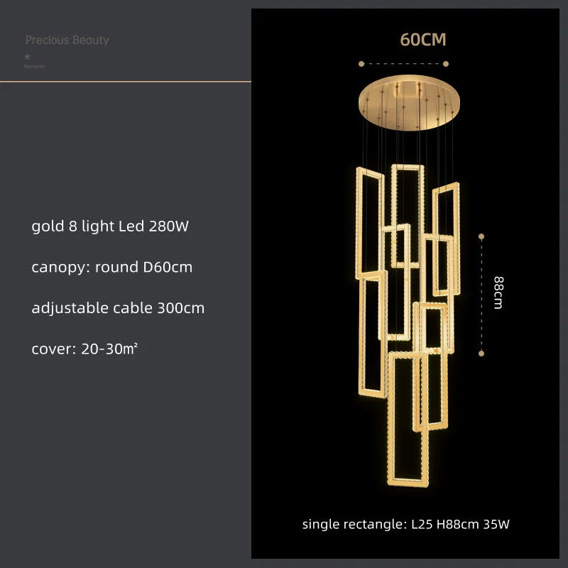 Modern Crystal LED Pendant Lights Steel Rectangle Hanging Lamp