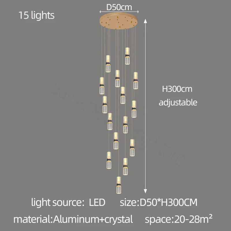 Crystal Columnar Chandelier Stair Light for Home, Restaurant, Bar, and Villa