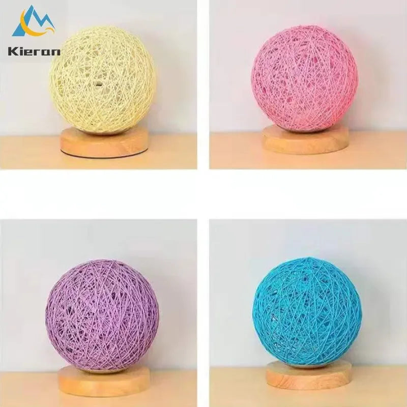 Rattan Ball Solid Wood LED Table Lamp for Living Room and Bedroom
