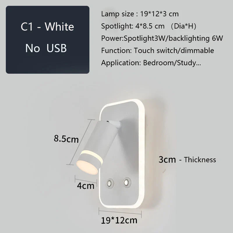 LED Wall Sconce Lamp Touch Switch USB Bedside Reading Light Tri-color Diammable