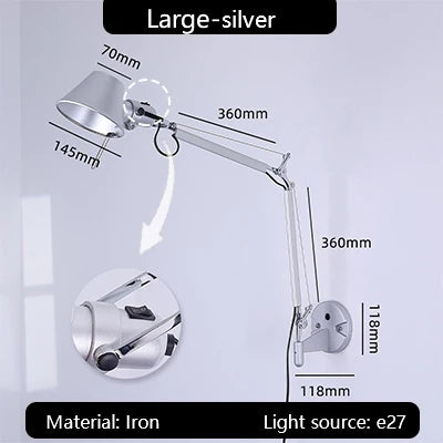 Industrial Black Silver Swing Arm Wall Lamp - Rotatable Miniature Table Lamp E27