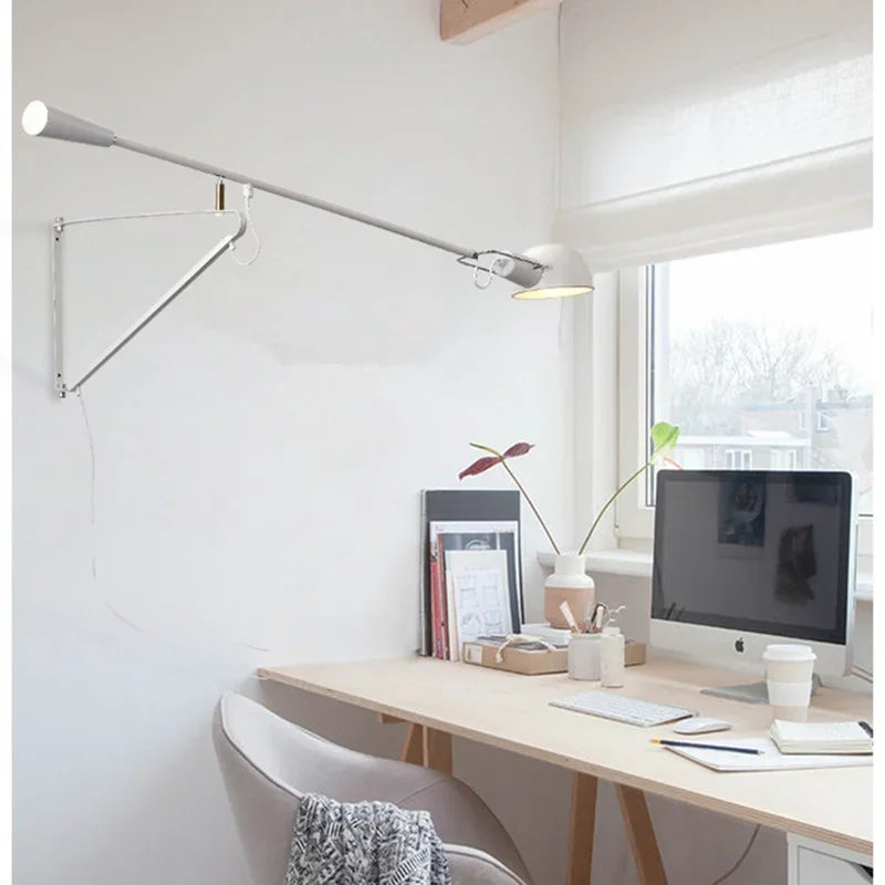 Dimmable LED Wall Lamp, Rotating Long Pole, Swinging Black and White Industrial Design