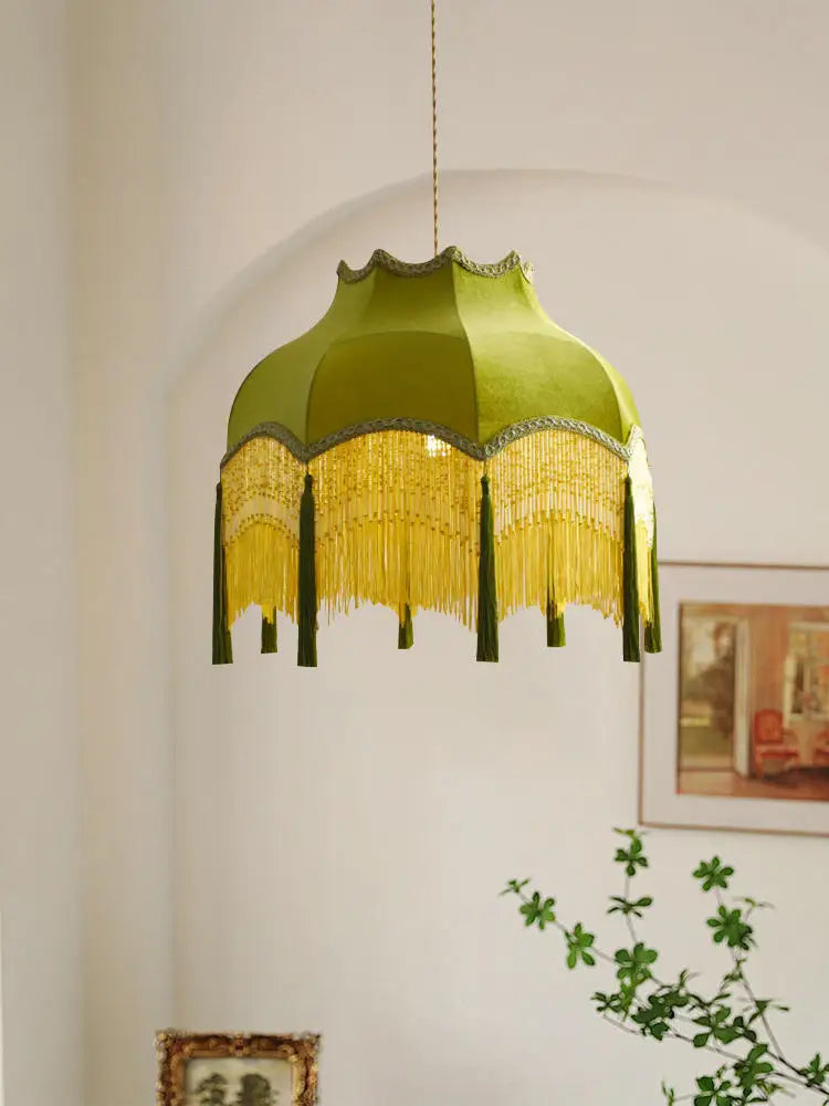 Vintage Green Cloth Tassels LED Ceiling Chandelier Pendant Lights Home Decor