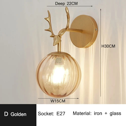 Retro Antlers Glass Ball Wall Lamp for Indoor LED Decor Lighting