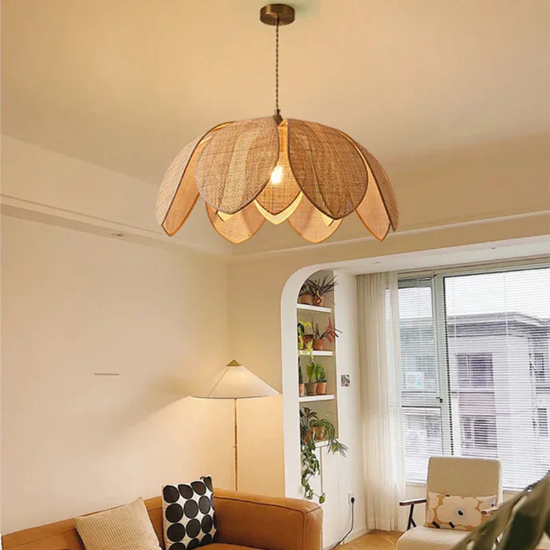 Handmade Rattan Petal Pendant Light with Chinese Style Design for Living & Dining Rooms