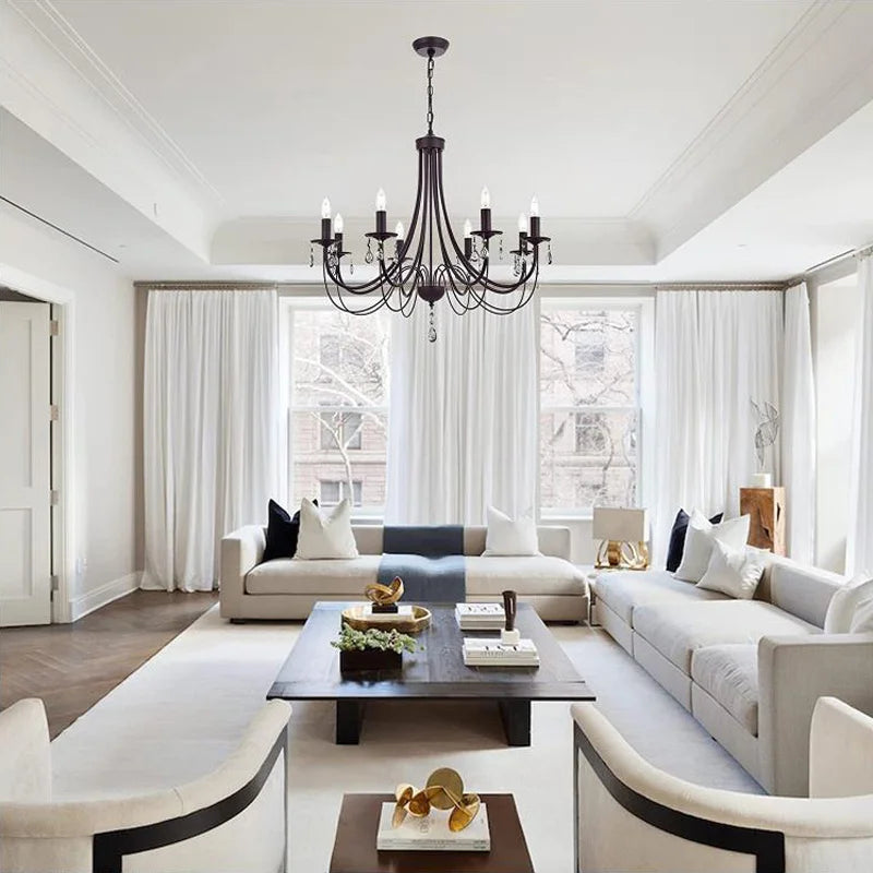 Black Iron Chandelier with Crystal Pendant for Home Lighting