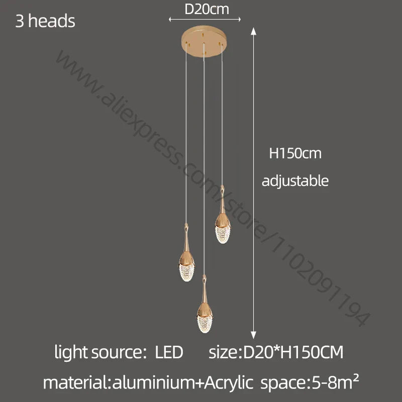 Gold LED Staircase Chandelier: Elegant Luxury Large Pendant Lamp for Living Room