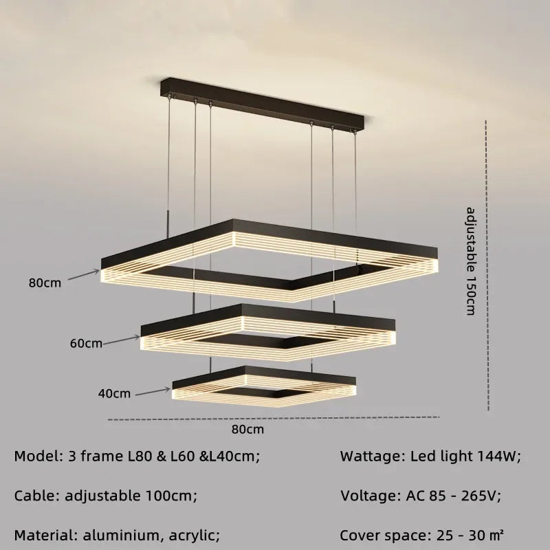 Minimalist Black Square Frame LED Chandelier for Living Room