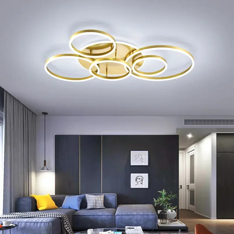 Modern Golden White Ring Chandelier for Living Room, Dimmable LED Ceiling Light